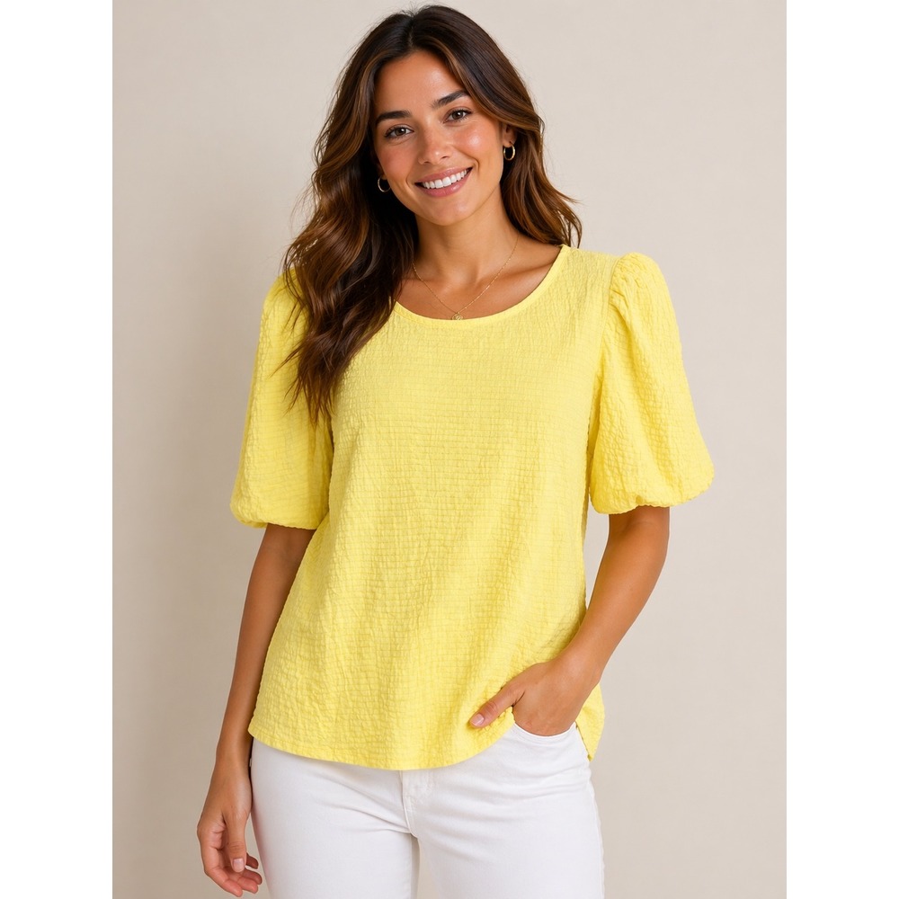 C. Est. 1946 Womens Yellow Textured Puff‎ Short Sleeve Blouse Size M